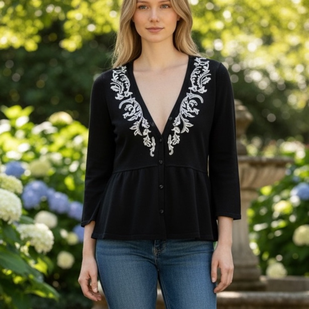 White House Black Market | Black Peplum Silk Blend Cardigan Sweater- Embroidered